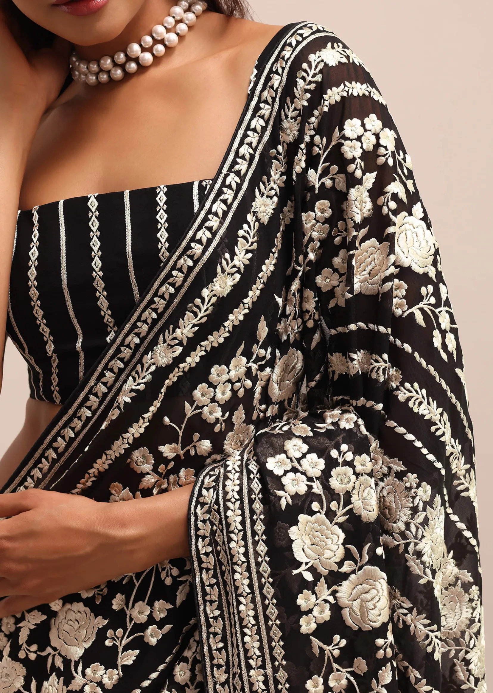 Black Georgette Parsi Gara Saree With Unstitched Blouse