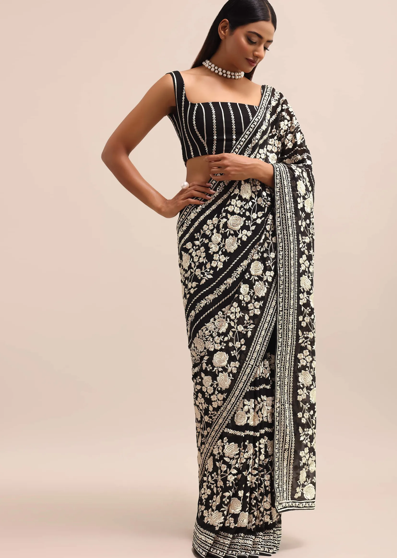 Black Georgette Parsi Gara Saree With Unstitched Blouse