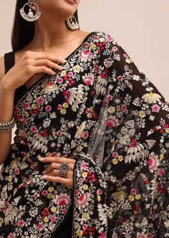 Black Georgette Parsi Gara Multi Color Saree With Unstitched Blouse
