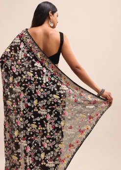 Black Georgette Parsi Gara Multi Color Saree With Unstitched Blouse