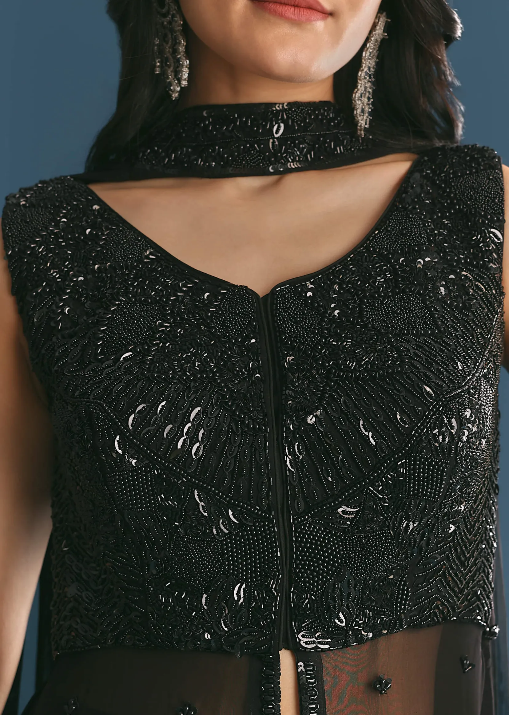 Black Georgette Peplum Kurta Sharara Set With Beads And Sequins