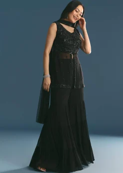 Black Georgette Peplum Kurta Sharara Set With Beads And Sequins