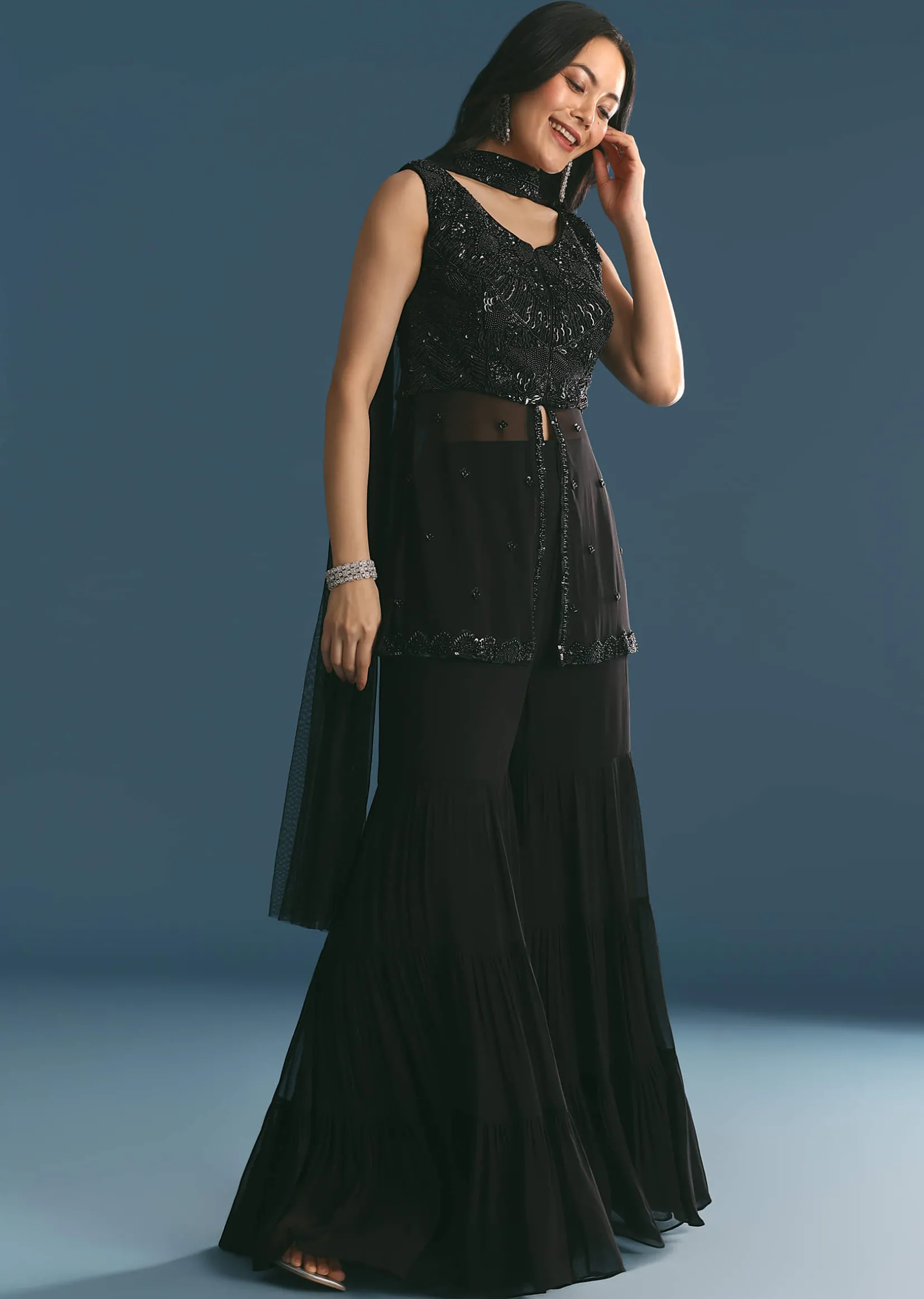 Black Georgette Peplum Kurta Sharara Set With Beads And Sequins