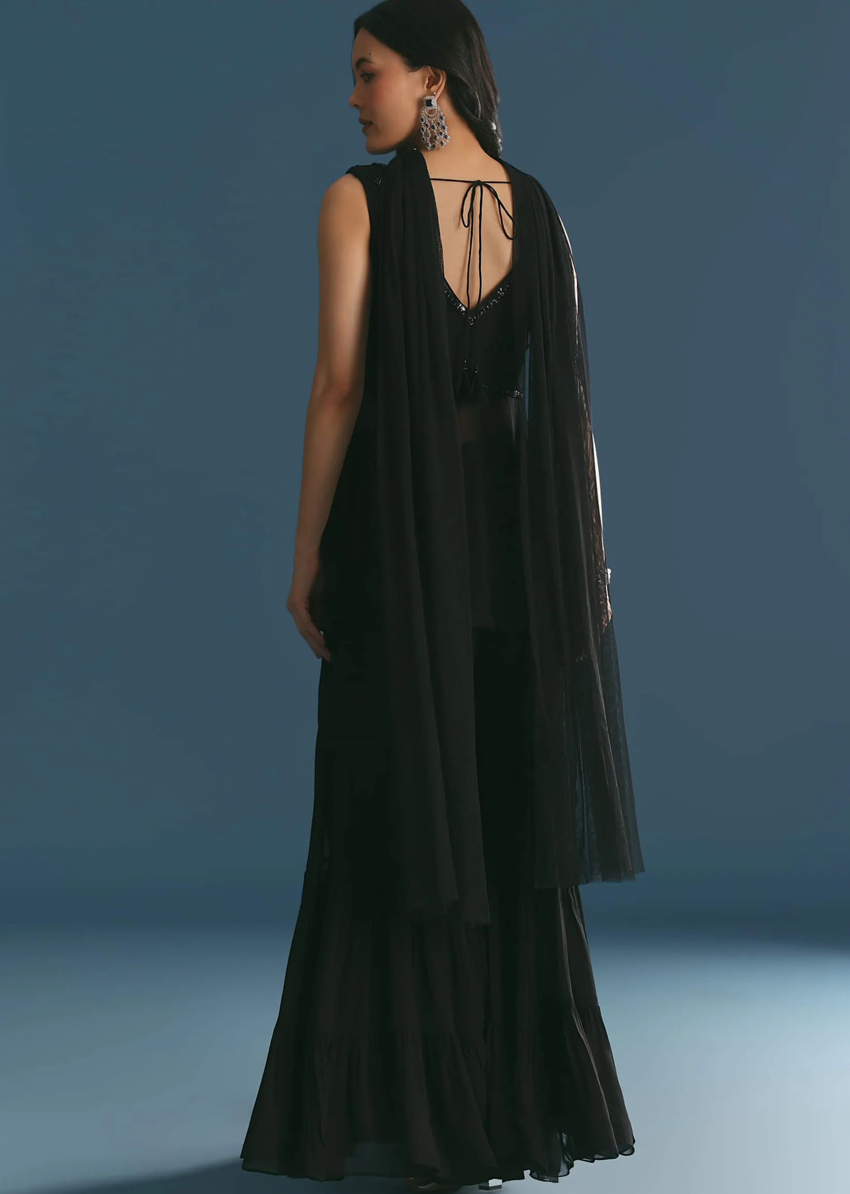 Black Georgette Peplum Kurta Sharara Set With Beads And Sequins