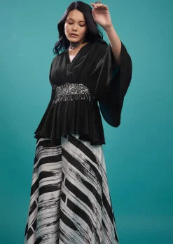 Black Georgette Top With White And Black Striped Palazzo In Satin