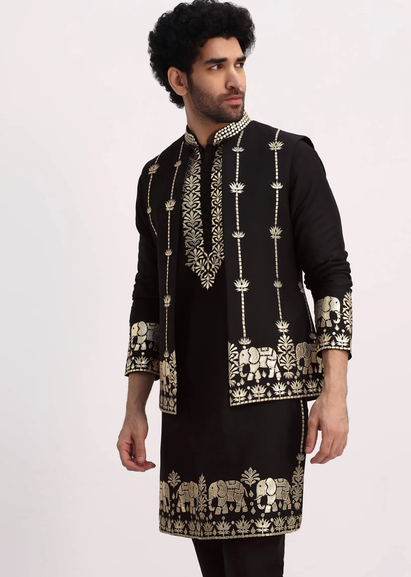 Black Gold Foil Apllique Work Kurta Jacket Set