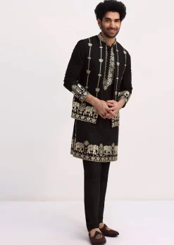 Black Gold Foil Apllique Work Kurta Jacket Set