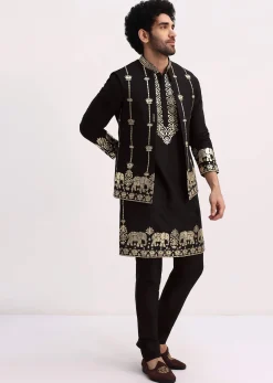 Black Gold Foil Apllique Work Kurta Jacket Set