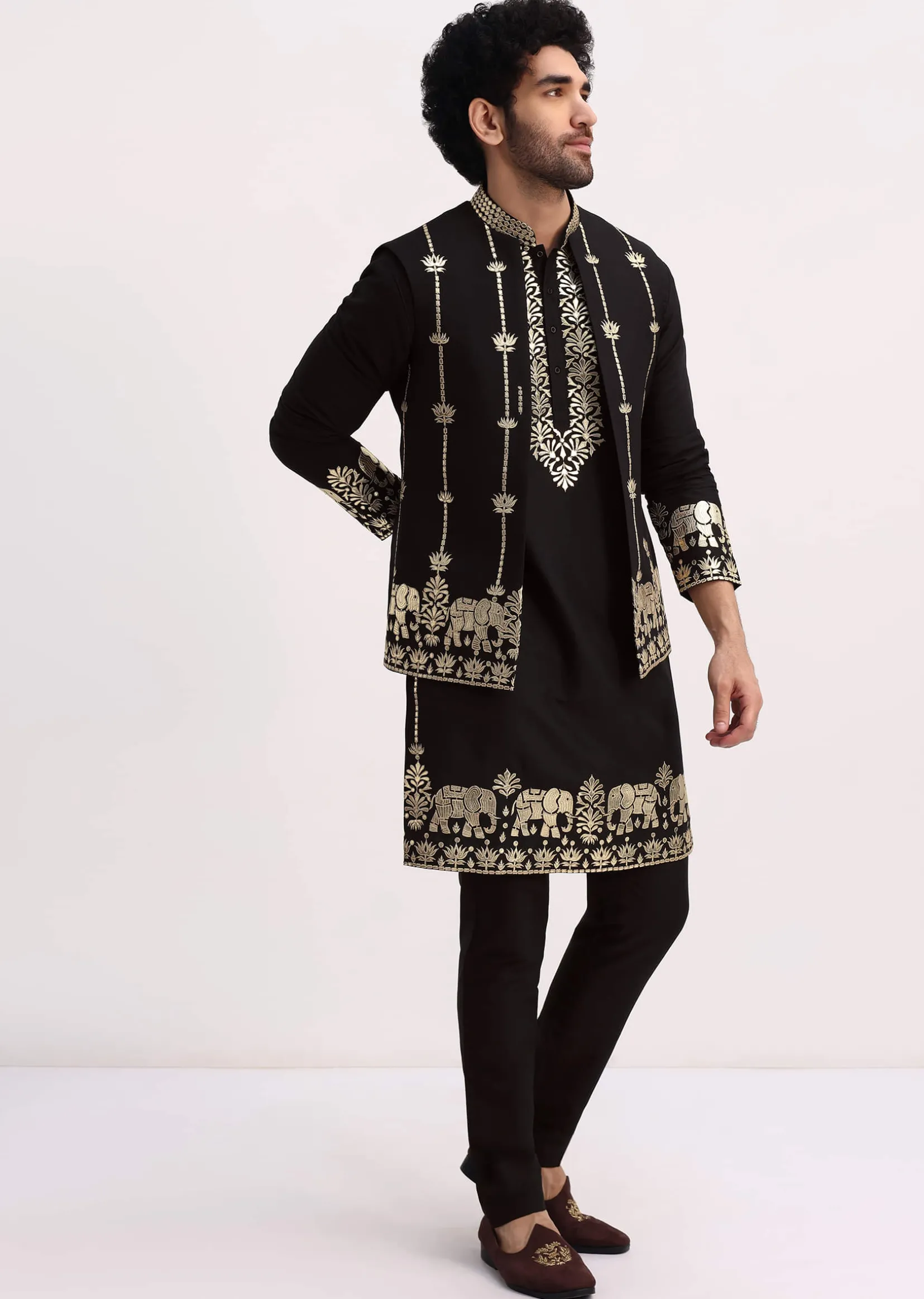 Black Gold Foil Apllique Work Kurta Jacket Set
