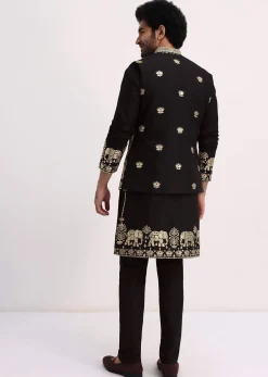 Black Gold Foil Apllique Work Kurta Jacket Set