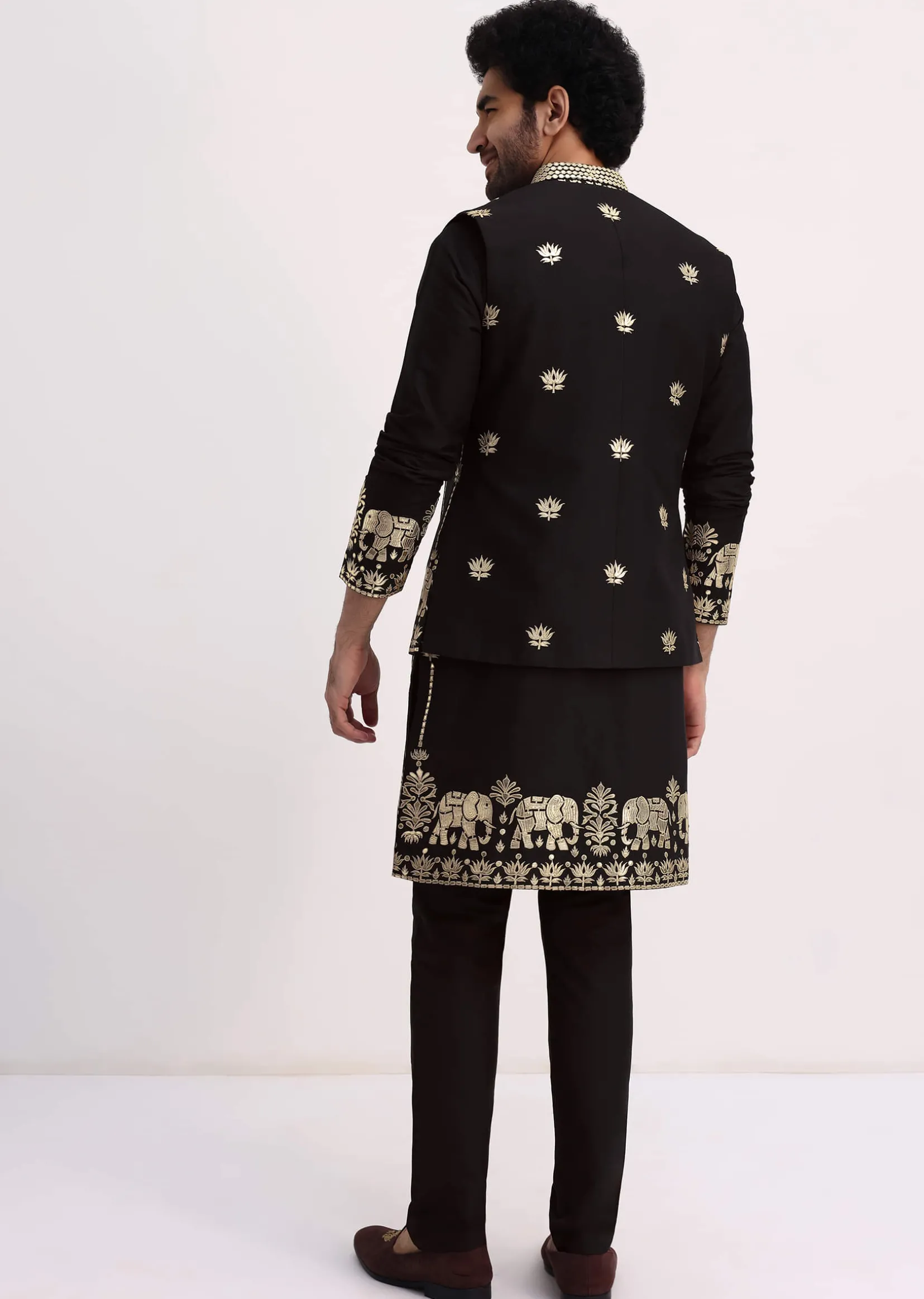 Black Gold Foil Apllique Work Kurta Jacket Set