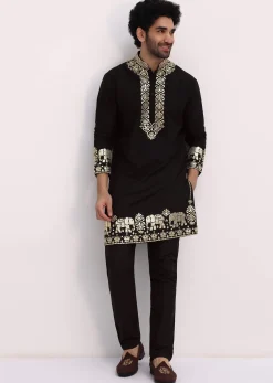 Black Gold Foil Apllique Work Kurta Jacket Set