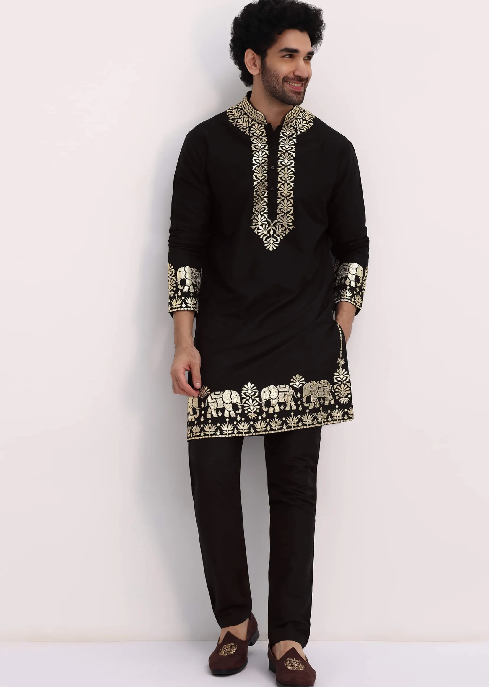 Black Gold Foil Apllique Work Kurta Jacket Set