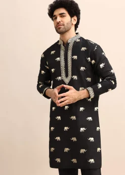 Black Gold Foil Applique Motifs Work Kurta Set