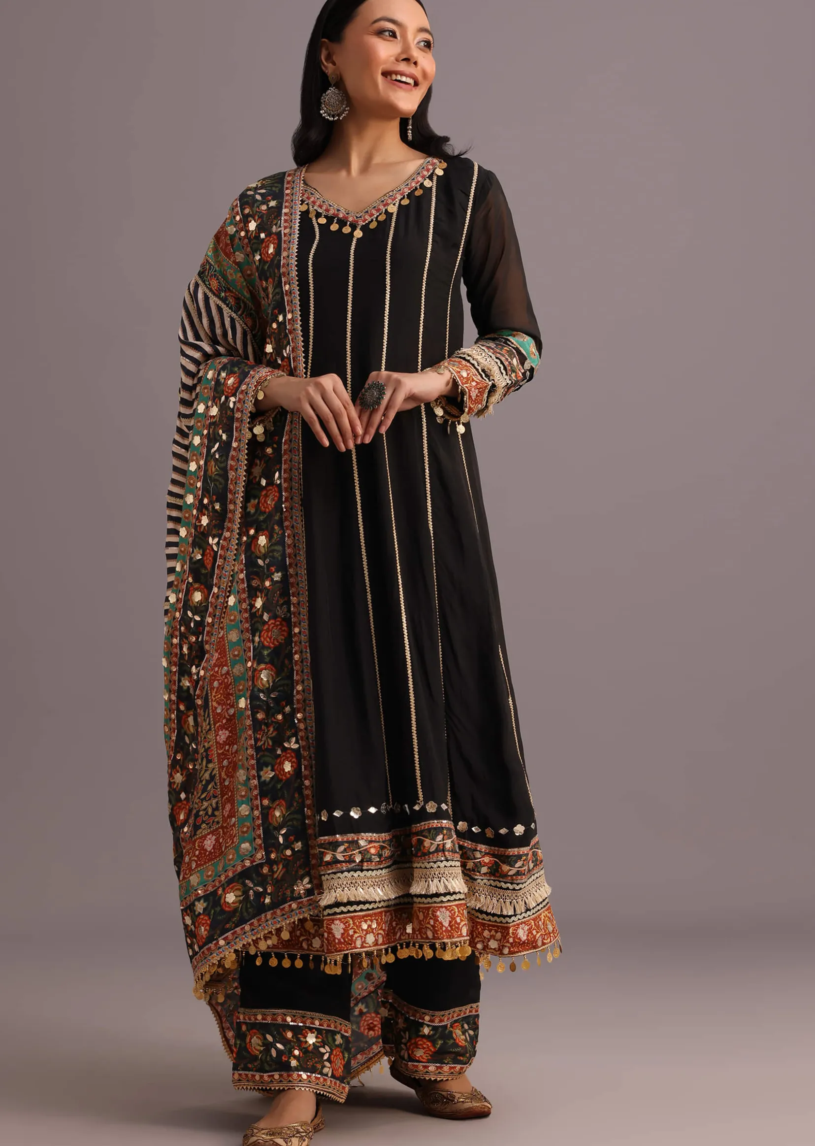 Black Gotta Work Anarkali Suit With Printed Dupatta