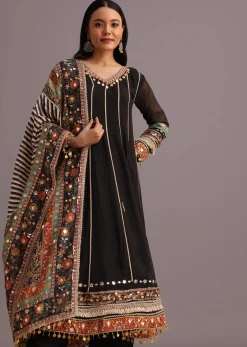 Black Gotta Work Anarkali Suit With Printed Dupatta