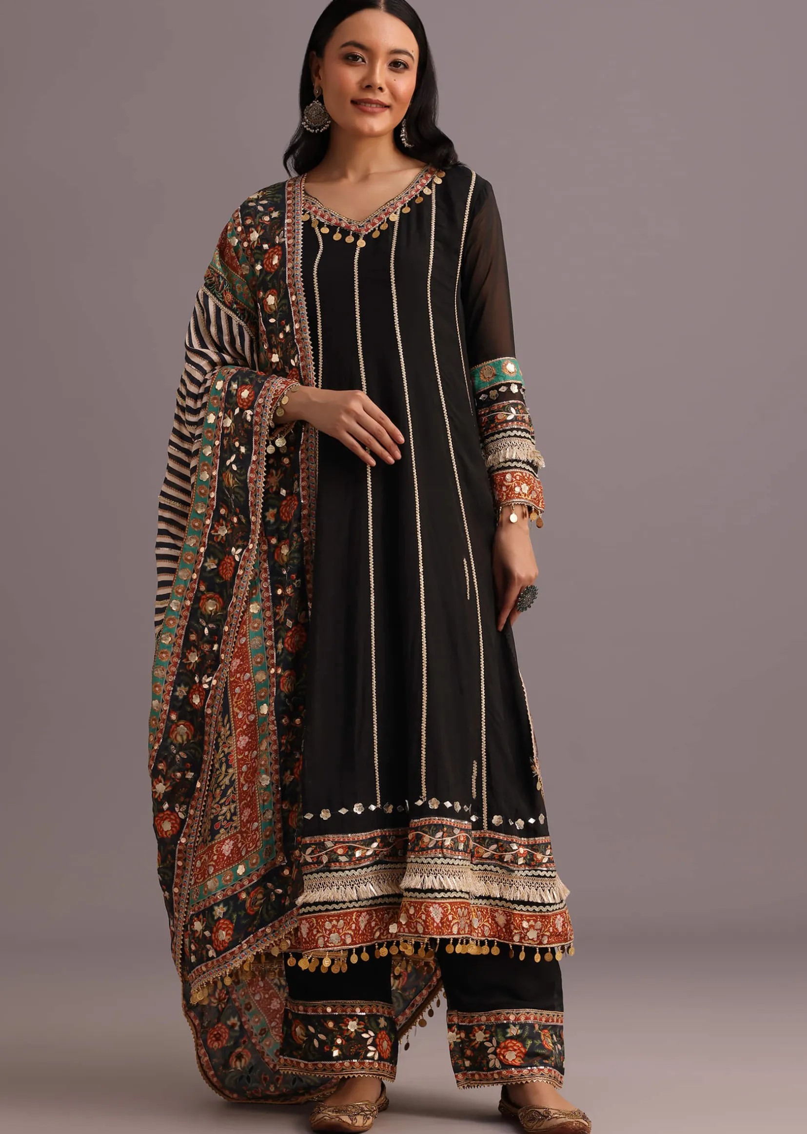 Black Gotta Work Anarkali Suit With Printed Dupatta