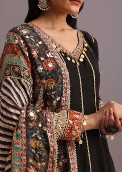 Black Gotta Work Anarkali Suit With Printed Dupatta