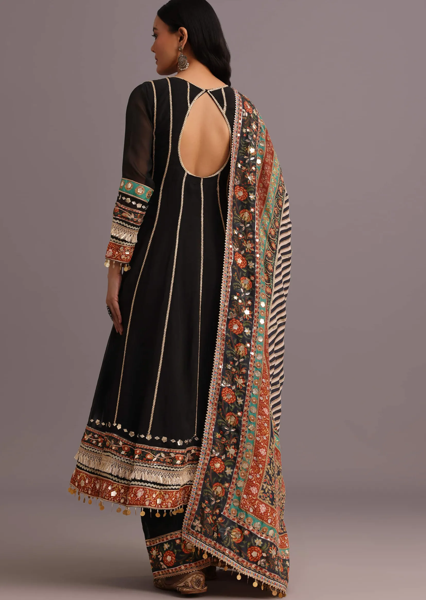 Black Gotta Work Anarkali Suit With Printed Dupatta