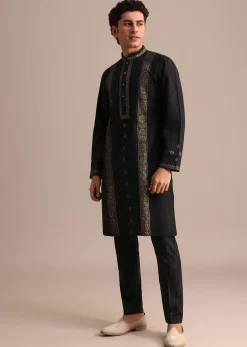 Black Hand Block Printed Kurta Set With Foil Work