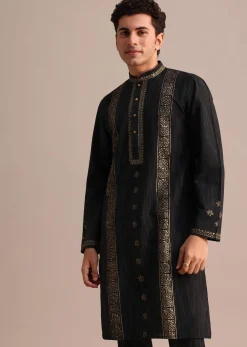 Black Hand Block Printed Kurta Set With Foil Work