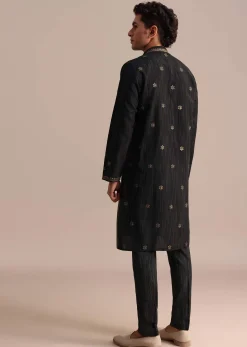 Black Hand Block Printed Kurta Set With Foil Work