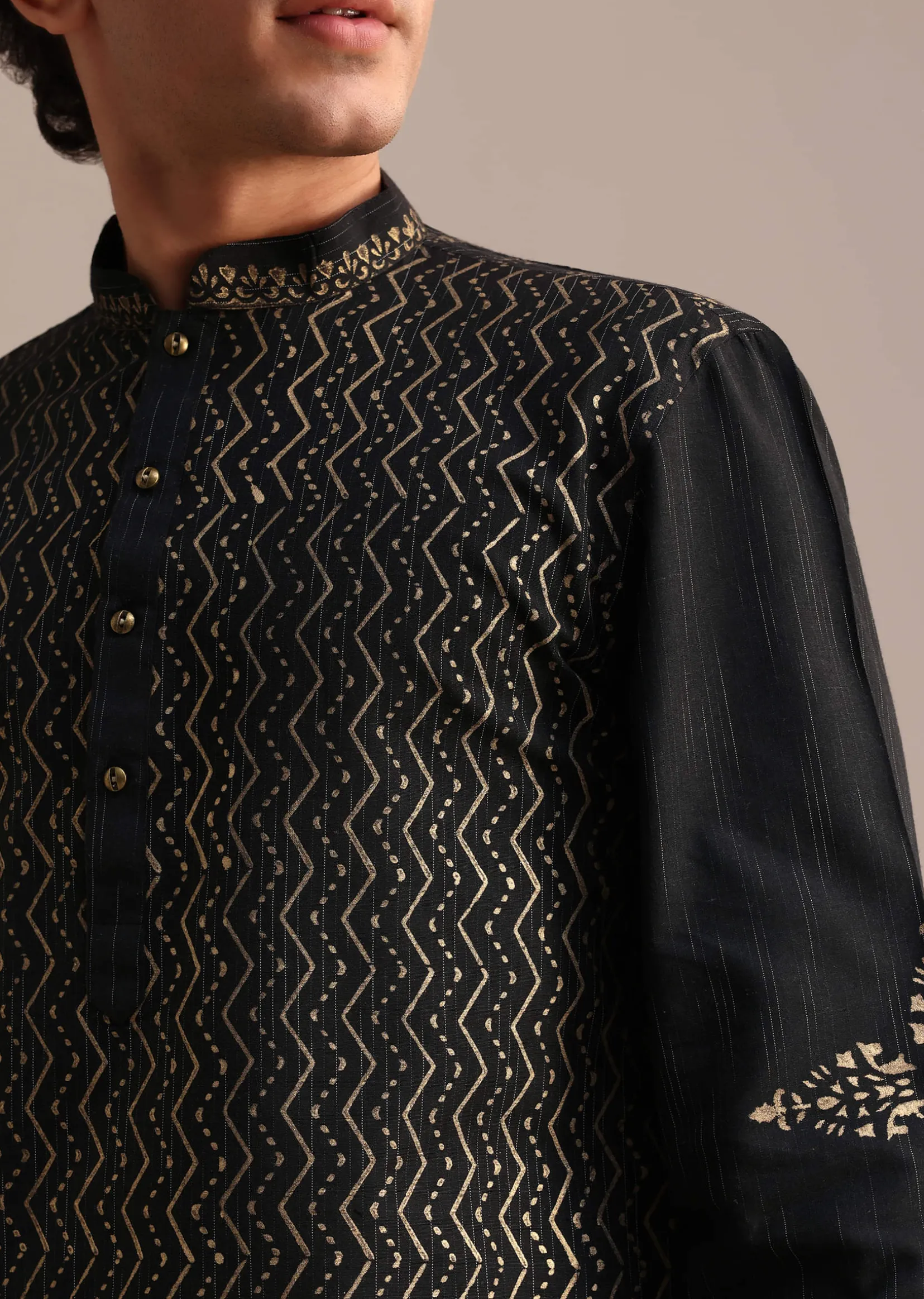 Black Hand Block Printed Foil Work Kurta Set