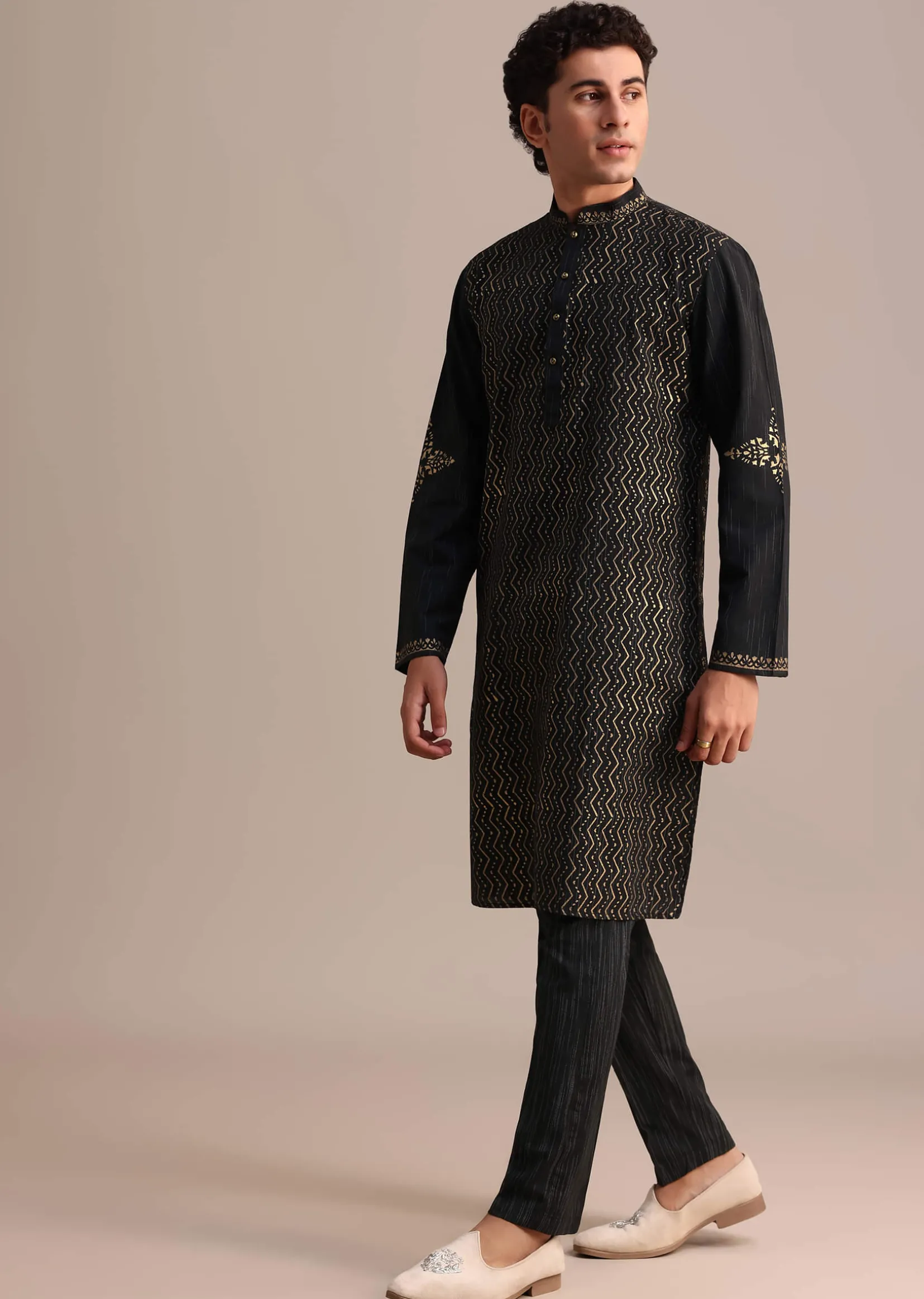 Black Hand Block Printed Foil Work Kurta Set