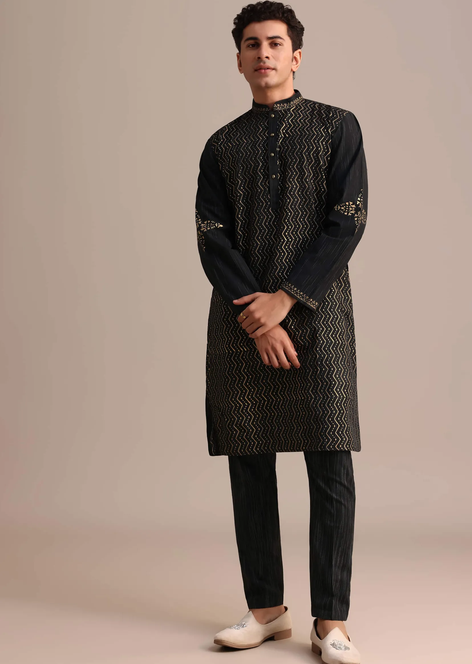 Black Hand Block Printed Foil Work Kurta Set