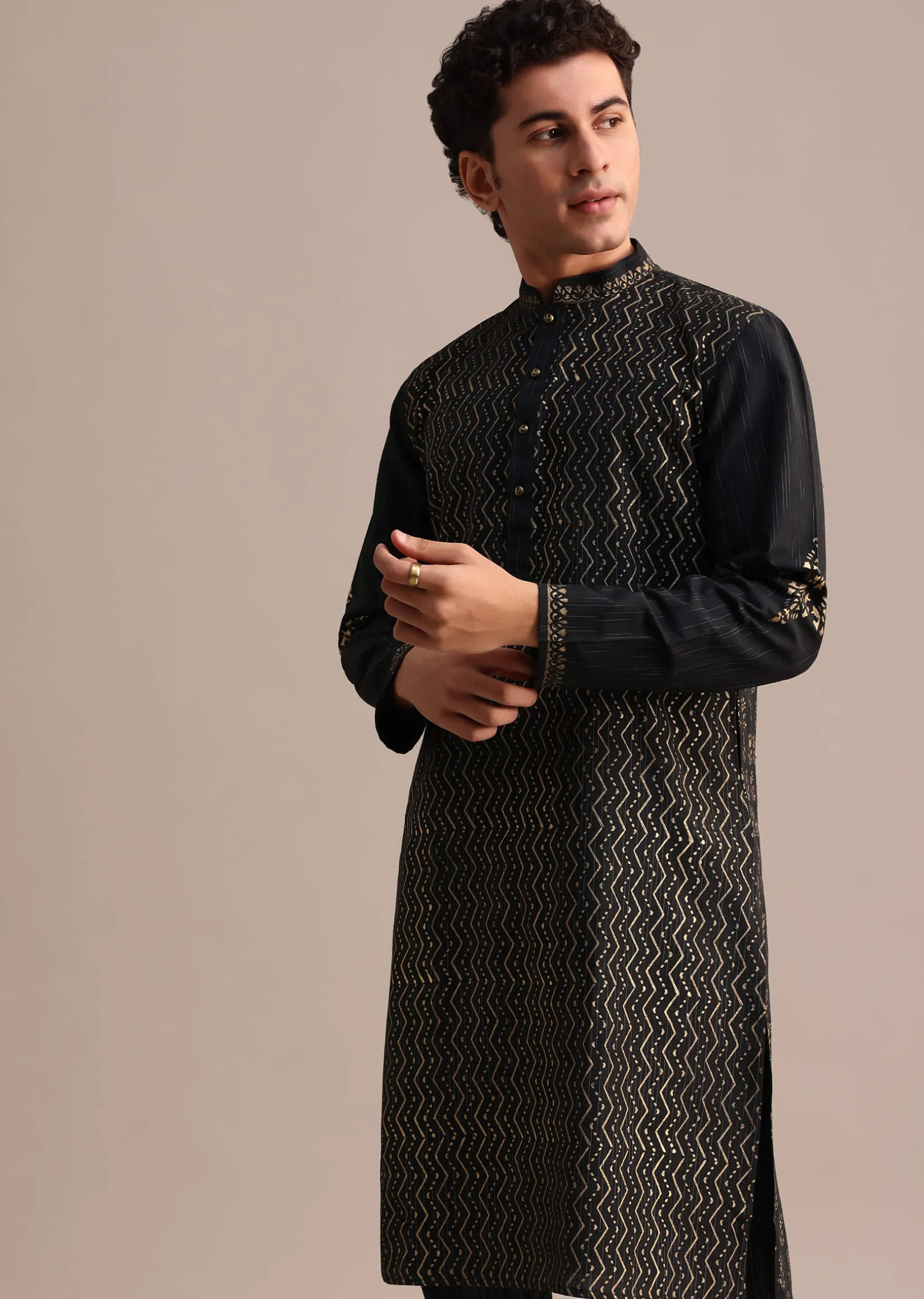 Black Hand Block Printed Foil Work Kurta Set