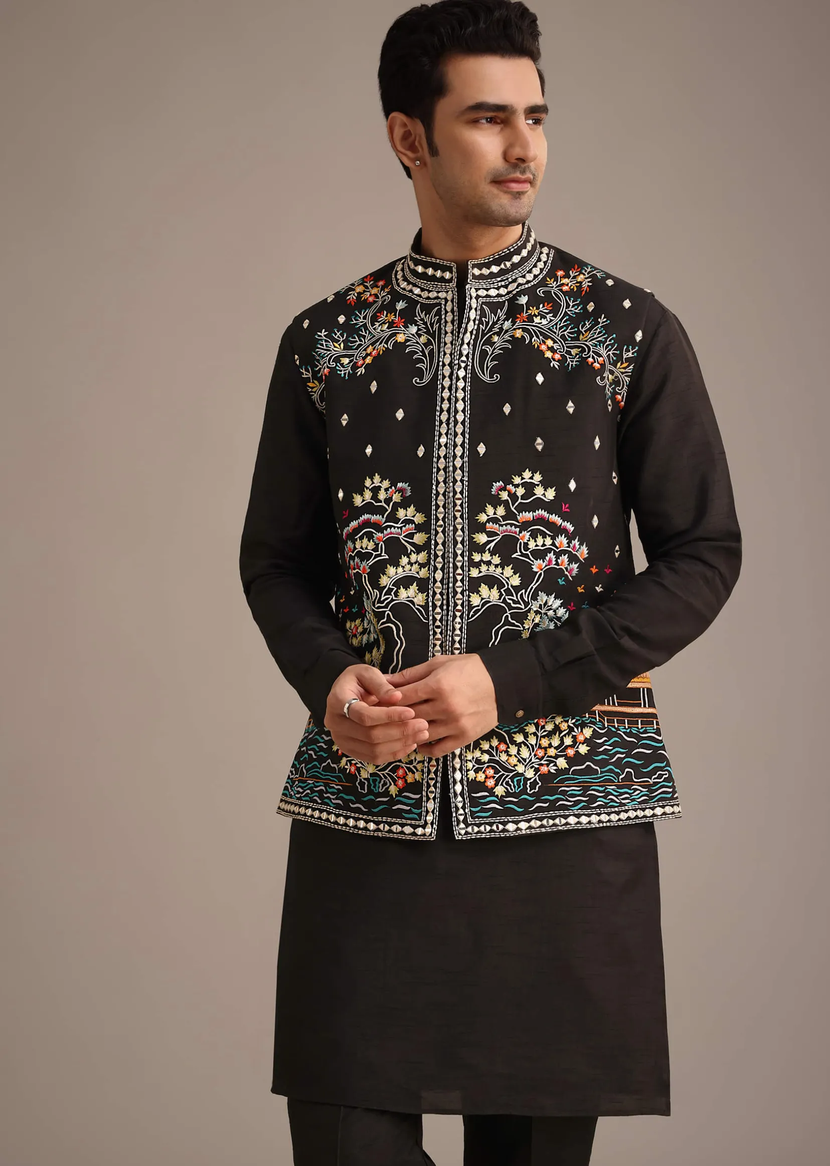 Black Hand Embellished Mirror Work Jacket And Kurta Set In Silk