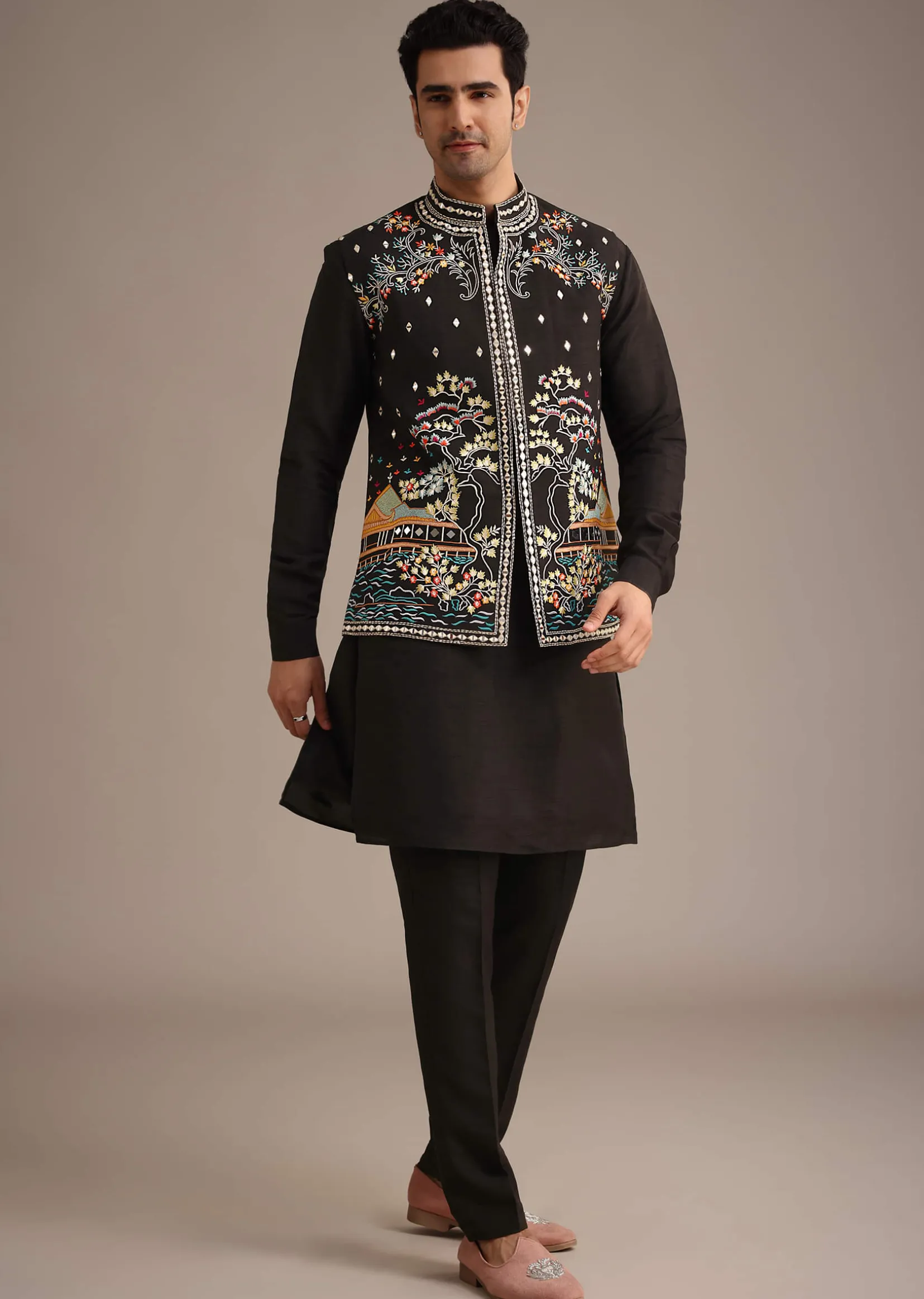 Black Hand Embellished Mirror Work Jacket And Kurta Set In Silk