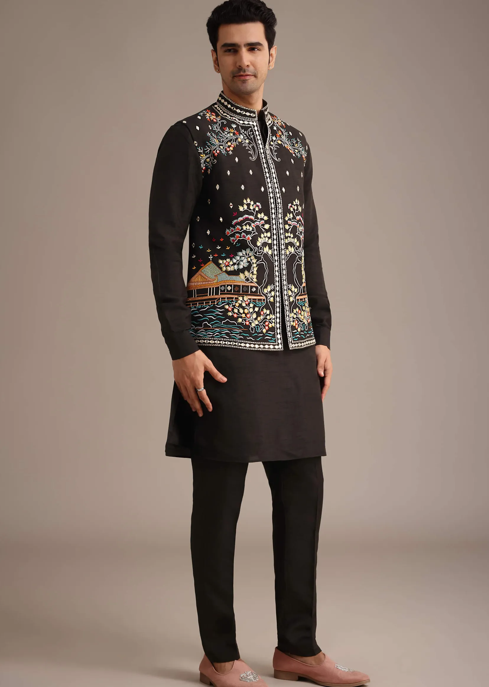 Black Hand Embellished Mirror Work Jacket And Kurta Set In Silk