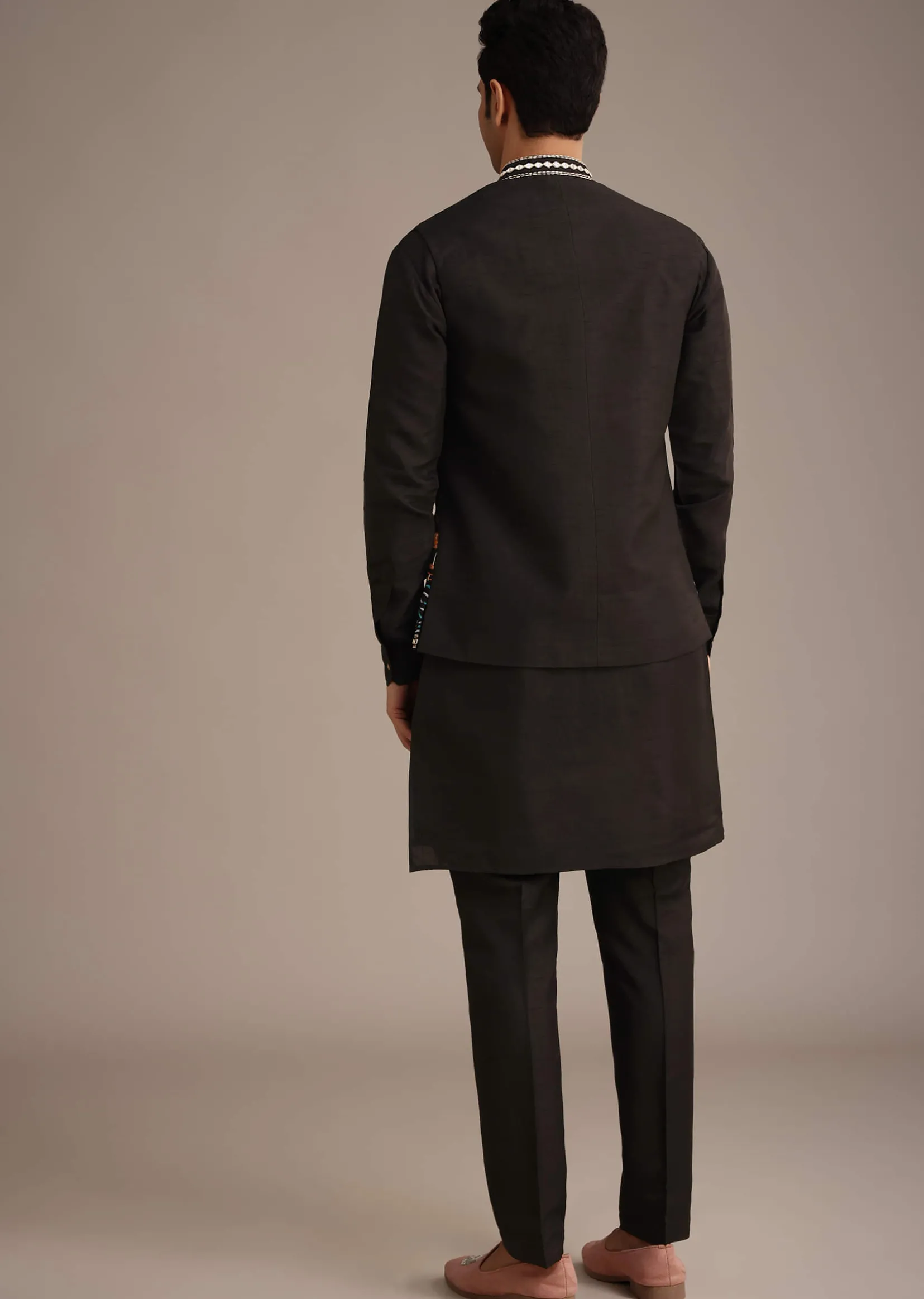 Black Hand Embellished Mirror Work Jacket And Kurta Set In Silk