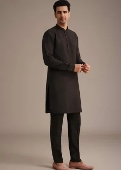 Black Hand Embellished Mirror Work Jacket And Kurta Set In Silk