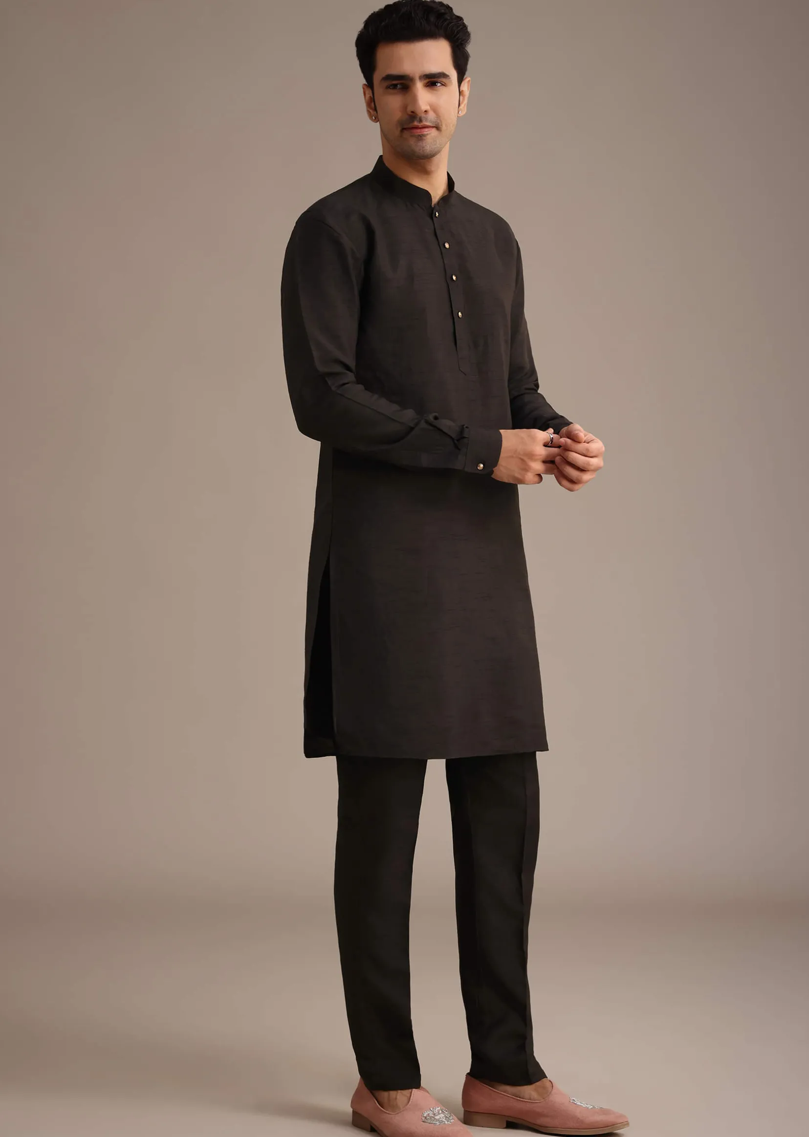 Black Hand Embellished Mirror Work Jacket And Kurta Set In Silk
