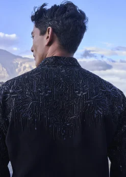 Black Hand Embroidered Full Sleeve Bomber Jacket And Pants
