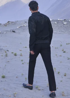 Black Hand Embroidered Full Sleeve Bomber Jacket And Pants