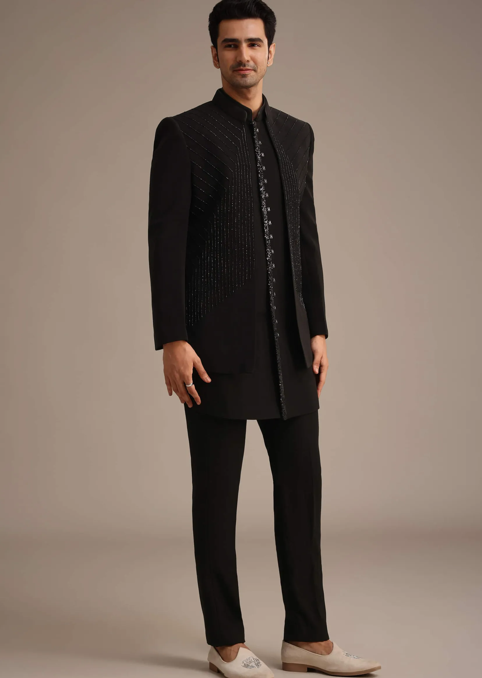 Black Hand Embroidered Indowestern And Kurta Set
