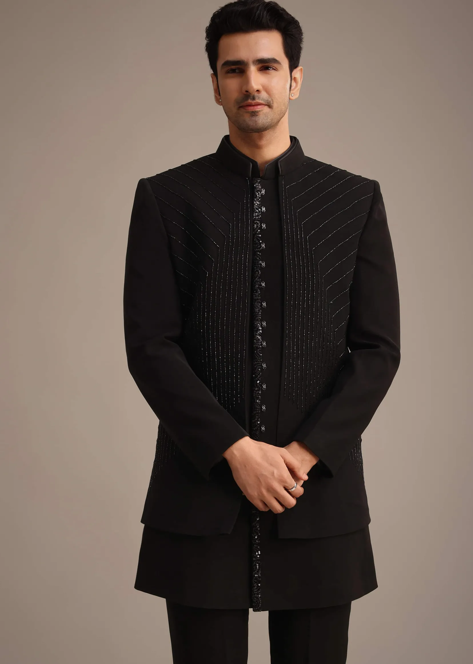 Black Hand Embroidered Indowestern And Kurta Set