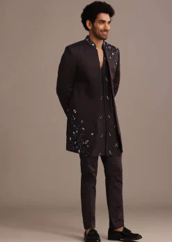 Black Hand Embroidered Indo Western Set in Silk Blend