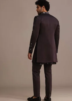 Black Hand Embroidered Indo Western Set in Silk Blend