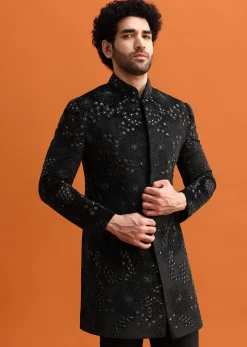 Black Hand Embroidered Velvet Indowestern Set For Men