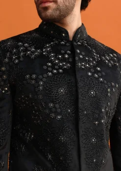 Black Hand Embroidered Velvet Indowestern Set For Men
