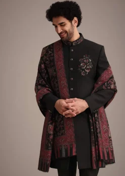 Black Hand Work Sherwani Suit With Dupatta