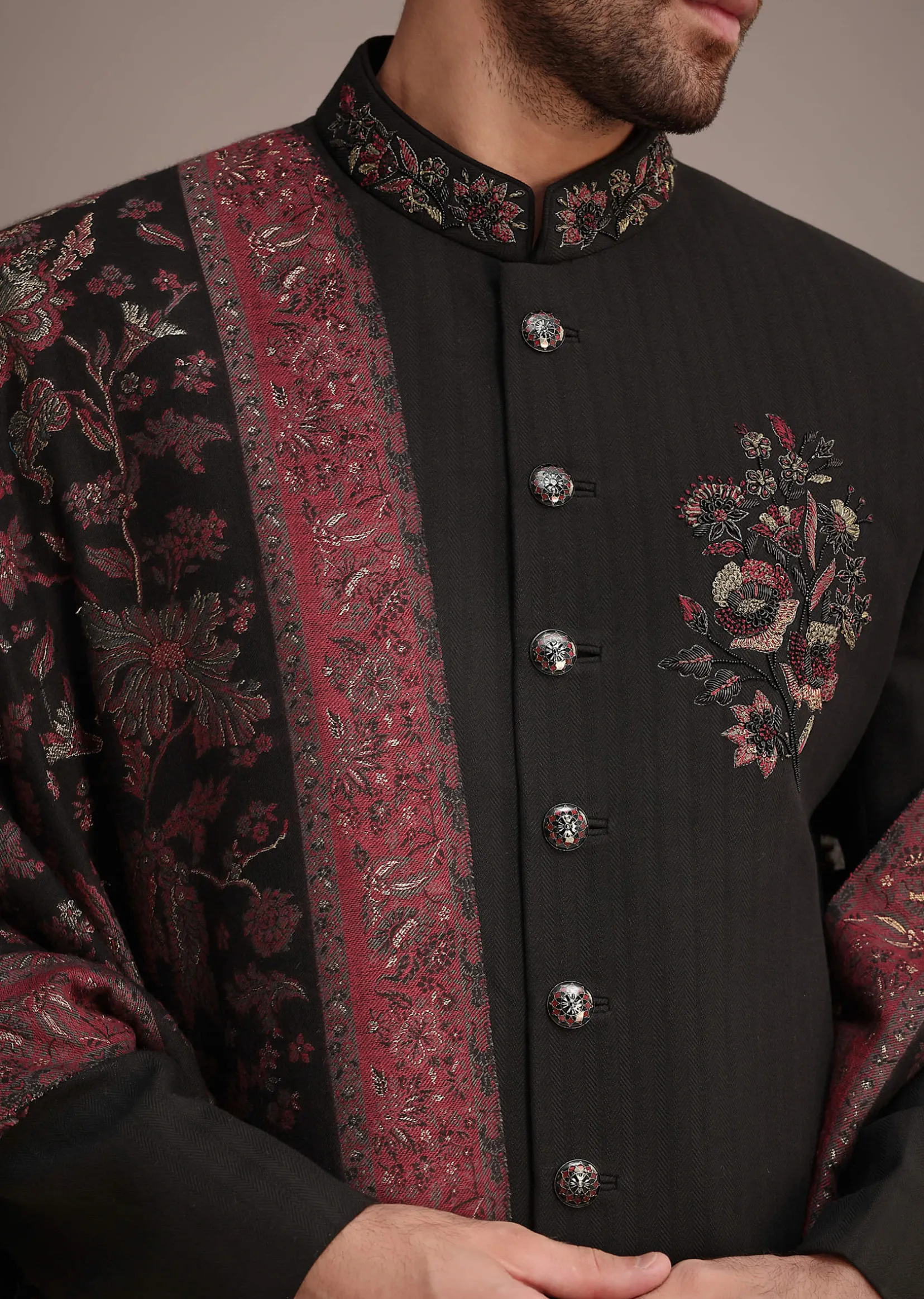 Black Hand Work Sherwani Suit With Dupatta