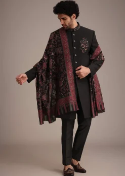 Black Hand Work Sherwani Suit With Dupatta