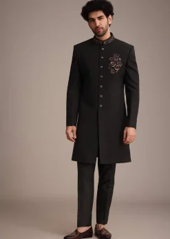 Black Hand Work Sherwani Suit With Dupatta
