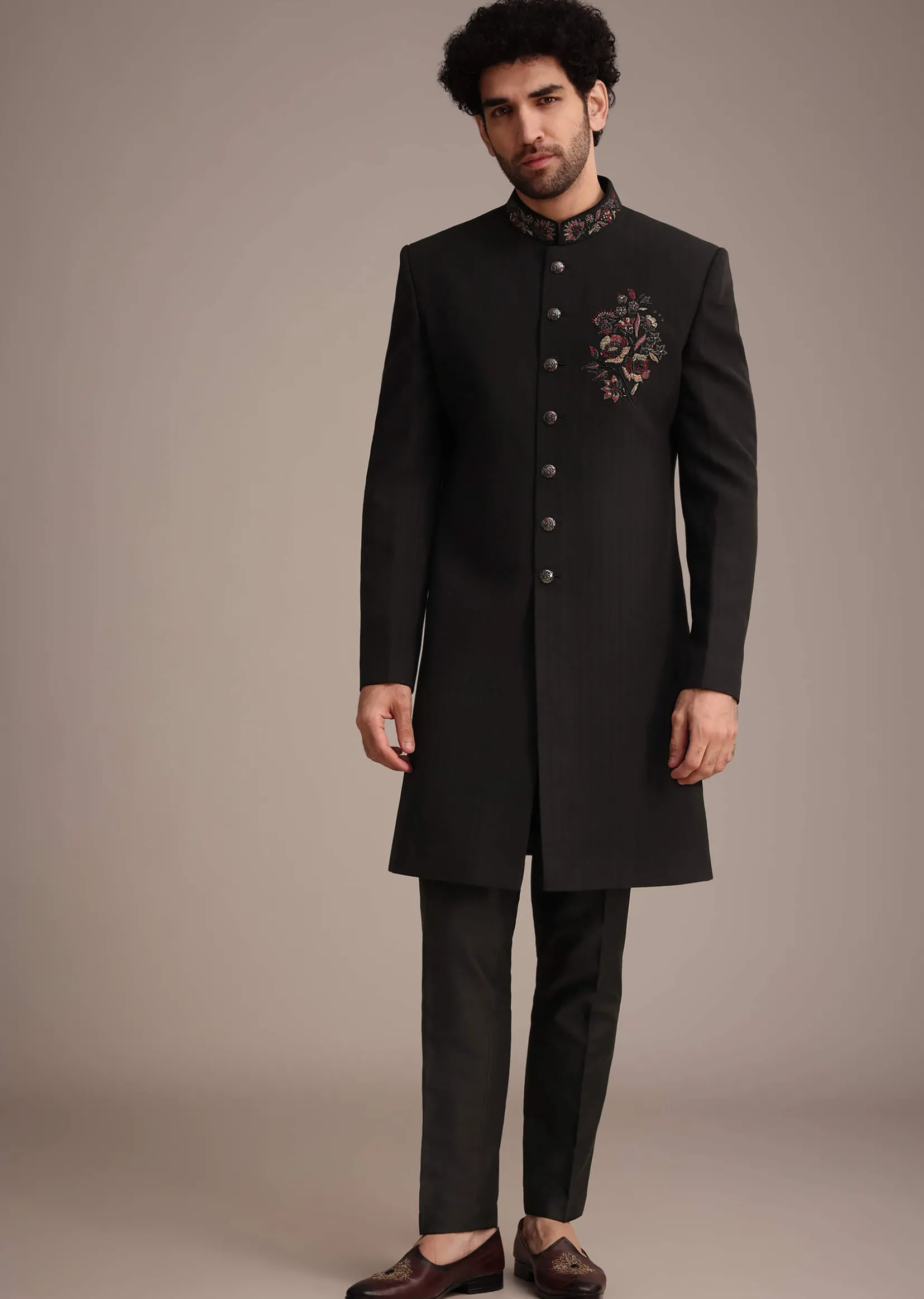 Black Hand Work Sherwani Suit With Dupatta