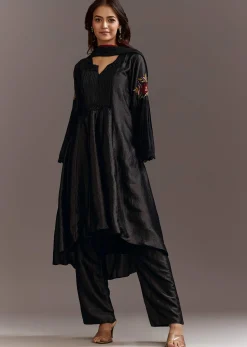 Black High Low Kurta Dupatta Set With Applique Work
